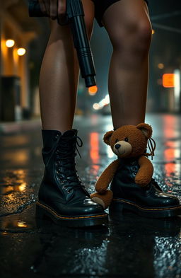 A young woman's legs in stylish black Doc Martens boots standing on a wet street, reflecting the soft glow of streetlights