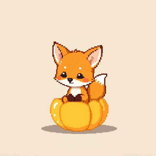 A cute little fox sitting inside a golden physalis fruit, designed in a pixel art style