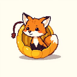 A cute little fox sitting inside a golden physalis fruit, designed in a pixel art style