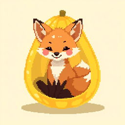 A cute little fox sitting inside a golden physalis fruit, designed in a pixel art style