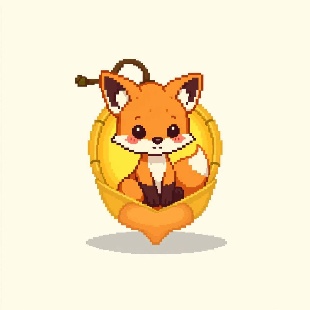 A cute little fox sitting inside a golden physalis fruit, designed in a pixel art style