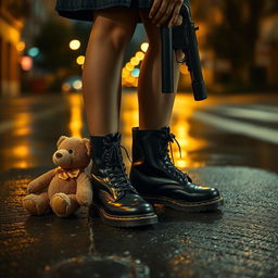 A young woman's legs in stylish black Doc Martens boots standing on a wet street, reflecting the soft glow of streetlights