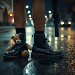 A young woman's legs in stylish black Doc Martens boots standing on a wet street, reflecting the soft glow of streetlights