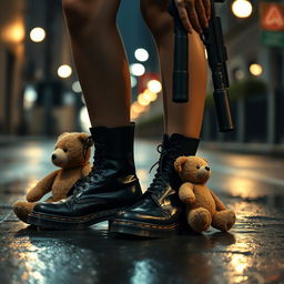A young woman's legs in stylish black Doc Martens boots standing on a wet street, reflecting the soft glow of streetlights