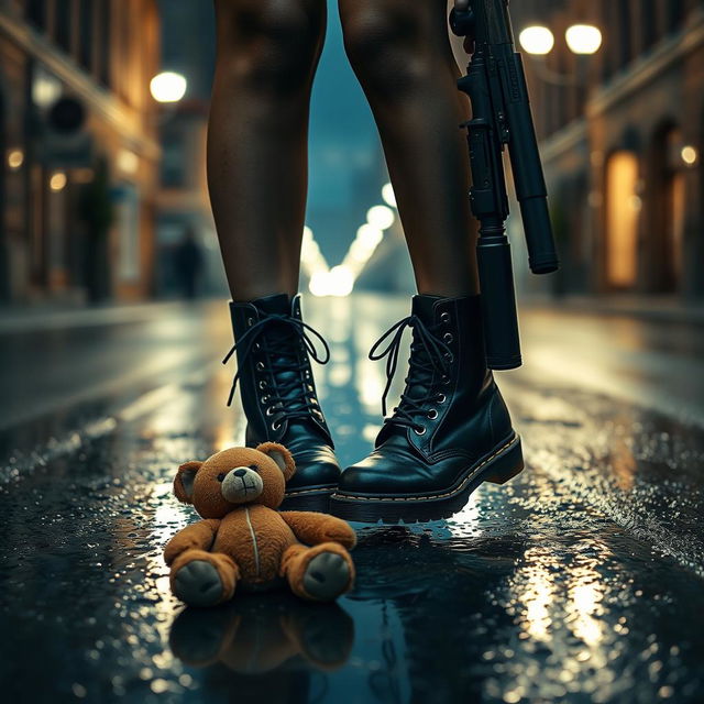 A young woman's legs in stylish black Doc Martens boots standing on a wet street, reflecting the soft glow of streetlights