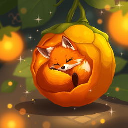 A pixel art scene featuring a cute little fox curled up inside a vibrant physalis (Chinese lantern) fruit, surrounded by a soft, glowing light