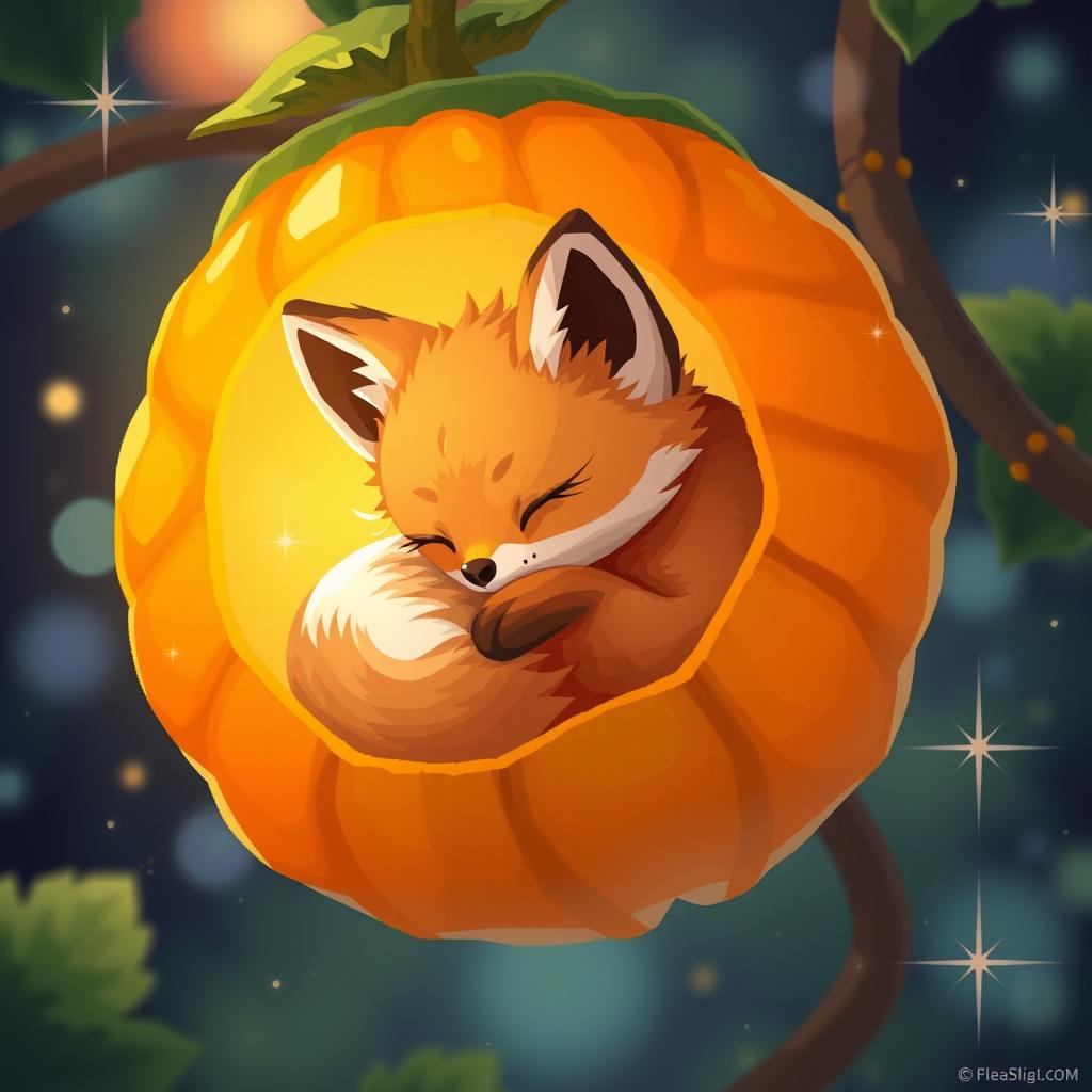 A pixel art scene featuring a cute little fox curled up inside a vibrant physalis (Chinese lantern) fruit, surrounded by a soft, glowing light