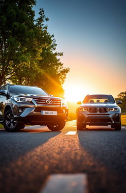 A stunning scene depicting a Toyota Hilux and a BMW X1 parked side by side on a picturesque road