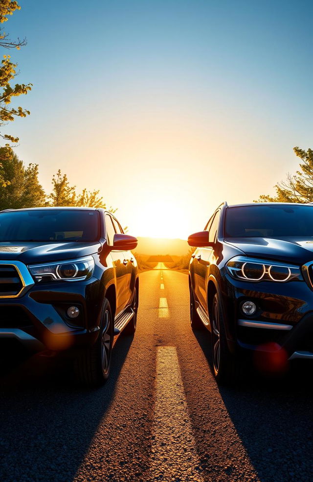 A stunning scene depicting a Toyota Hilux and a BMW X1 parked side by side on a picturesque road