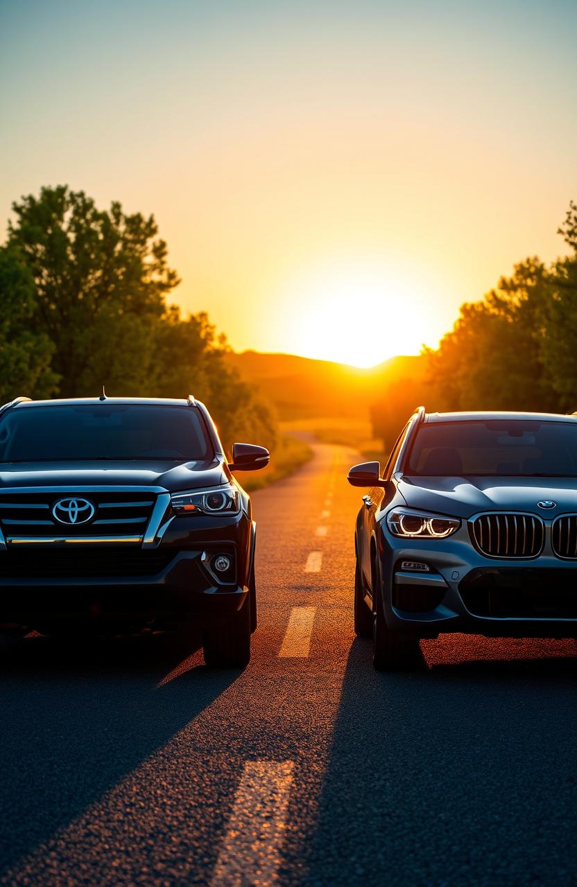 A stunning scene depicting a Toyota Hilux and a BMW X1 parked side by side on a picturesque road