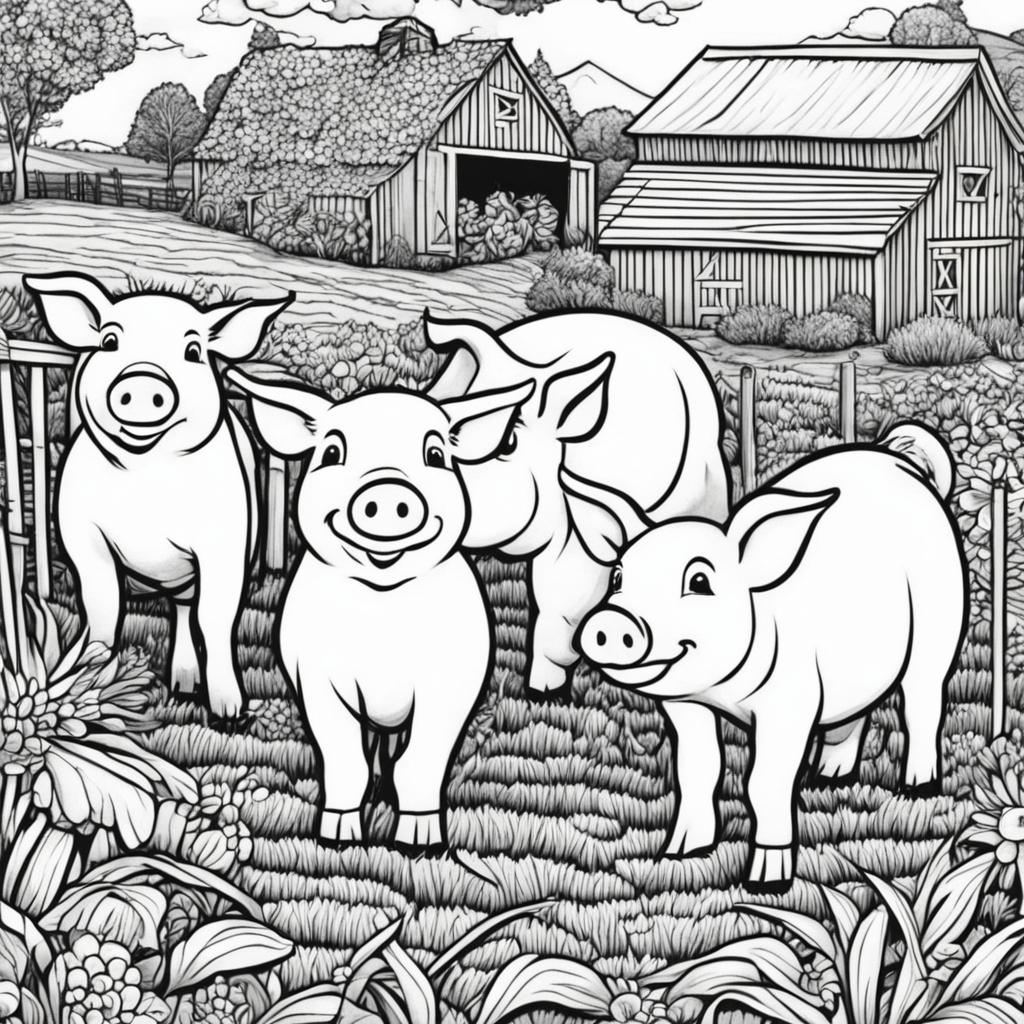 Black and white colouring book page featuring intricately detailed happy pigs on a farm, with a barn in the background.