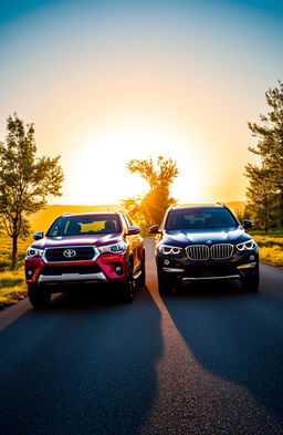 A stunning scene depicting a Toyota Hilux and a BMW X1 parked side by side on a picturesque road