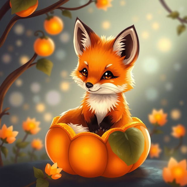 A cute little fox sitting inside a glowing physalis plant, rendered in intricate pixel art style