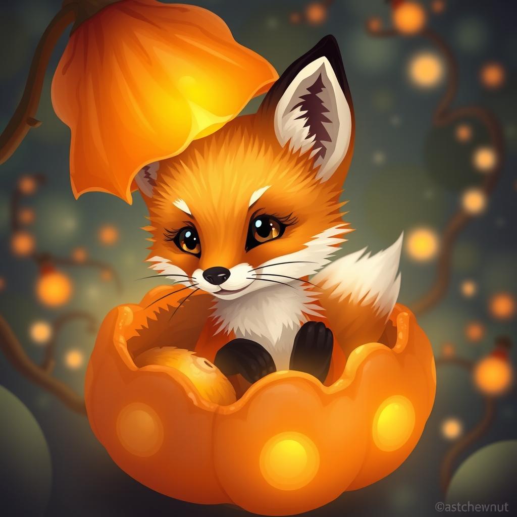 A cute little fox sitting inside a glowing physalis plant, rendered in intricate pixel art style