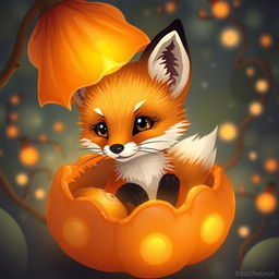 A cute little fox sitting inside a glowing physalis plant, rendered in intricate pixel art style