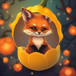 A cute little fox sitting inside a glowing physalis plant, rendered in intricate pixel art style