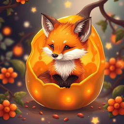 A cute little fox sitting inside a glowing physalis plant, rendered in intricate pixel art style