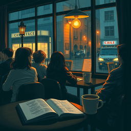 A serene and introspective scene depicting a diverse group of people sitting in a cozy, dimly lit coffee shop, each with their own thoughts, gazing out the window towards a rainy street