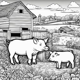 Black and white colouring book page featuring intricately detailed happy pigs on a farm, with a barn in the background.