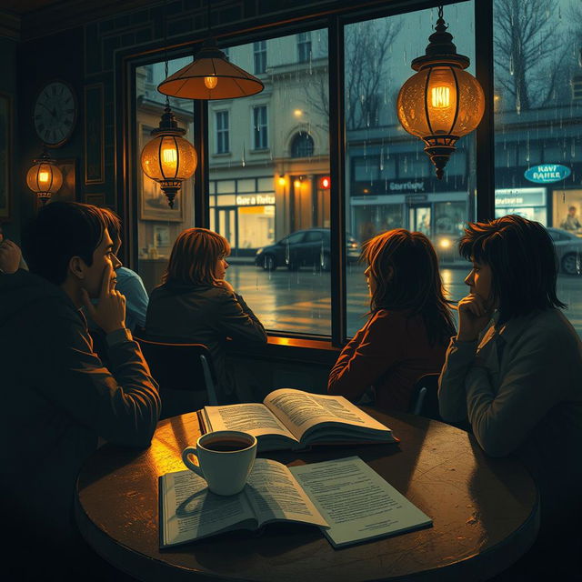 A serene and introspective scene depicting a diverse group of people sitting in a cozy, dimly lit coffee shop, each with their own thoughts, gazing out the window towards a rainy street