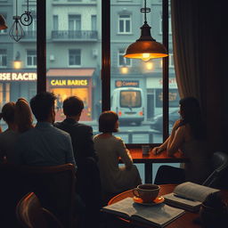 A serene and introspective scene depicting a diverse group of people sitting in a cozy, dimly lit coffee shop, each with their own thoughts, gazing out the window towards a rainy street