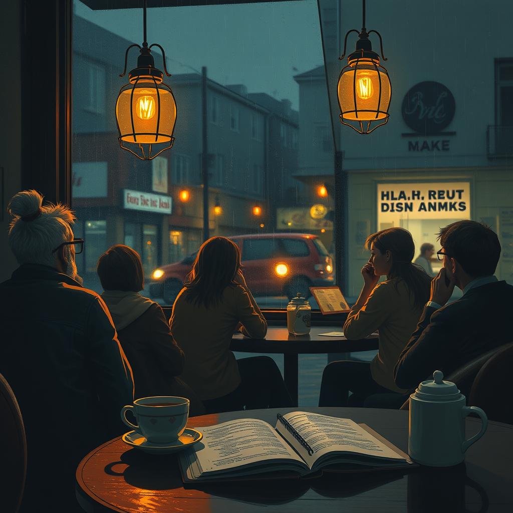 A serene and introspective scene depicting a diverse group of people sitting in a cozy, dimly lit coffee shop, each with their own thoughts, gazing out the window towards a rainy street