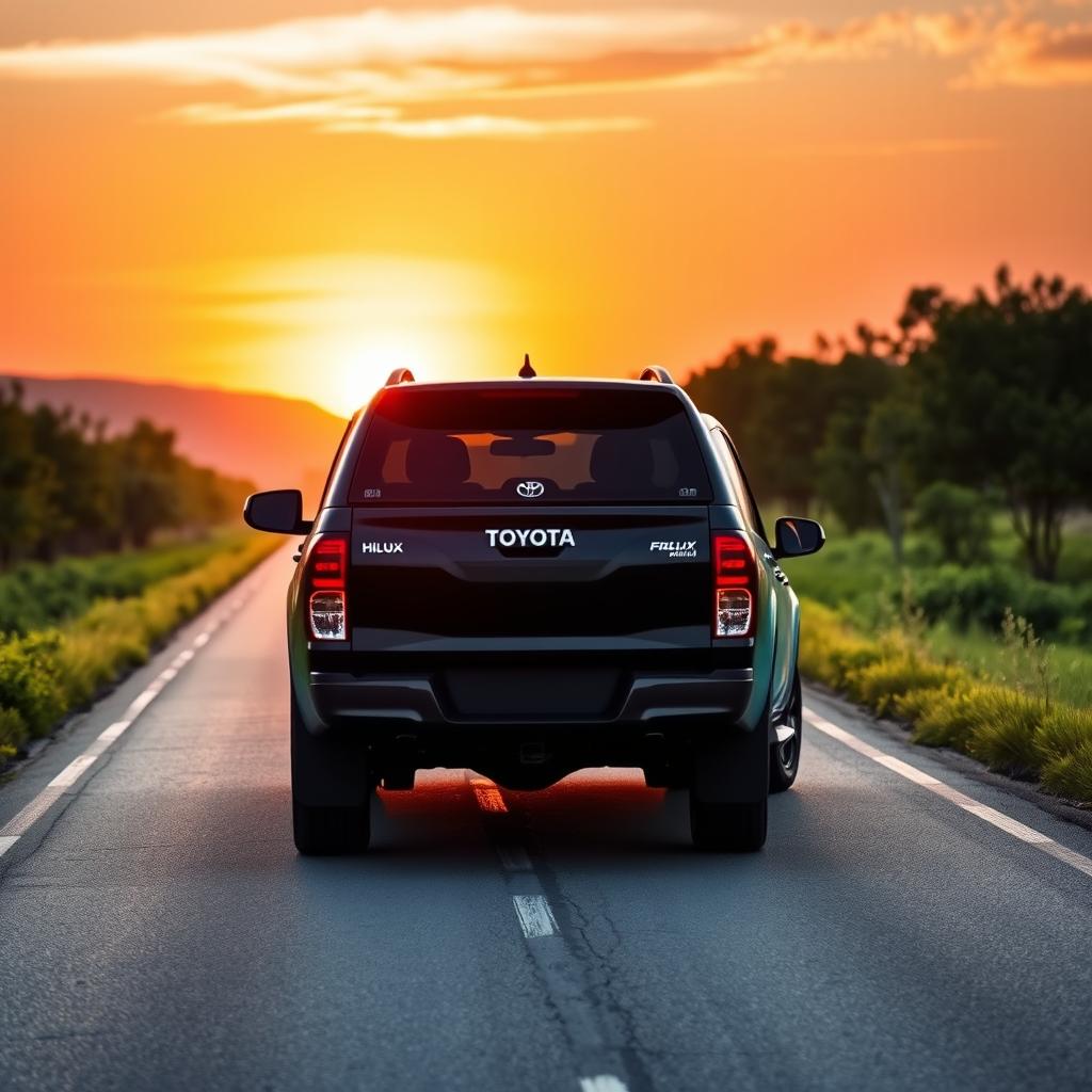 A captivating scene featuring a black Toyota Hilux and a light blue BMW X1 positioned back-to-back on a picturesque road