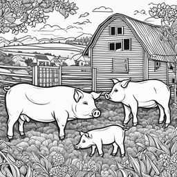 Black and white colouring book page featuring intricately detailed happy pigs on a farm, with a barn in the background.