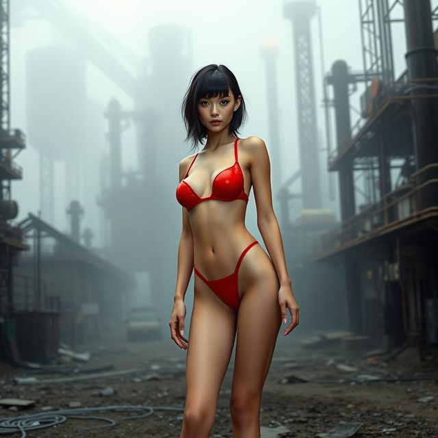 A thin girl with round, enhanced breasts, positioned at the center of the image in a full body view, wearing a tight thin red transparent latex thong leotard and stylish high heel shoes