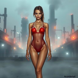 A thin girl with round, enhanced breasts, positioned at the center of the image in a full body view, wearing a tight thin red transparent latex thong leotard and stylish high heel shoes
