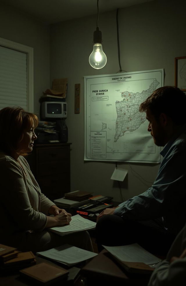 Three family members plotting in a dimly lit room, engaging in a tense conversation about hiring a hitman to eliminate a violent ex-husband and father