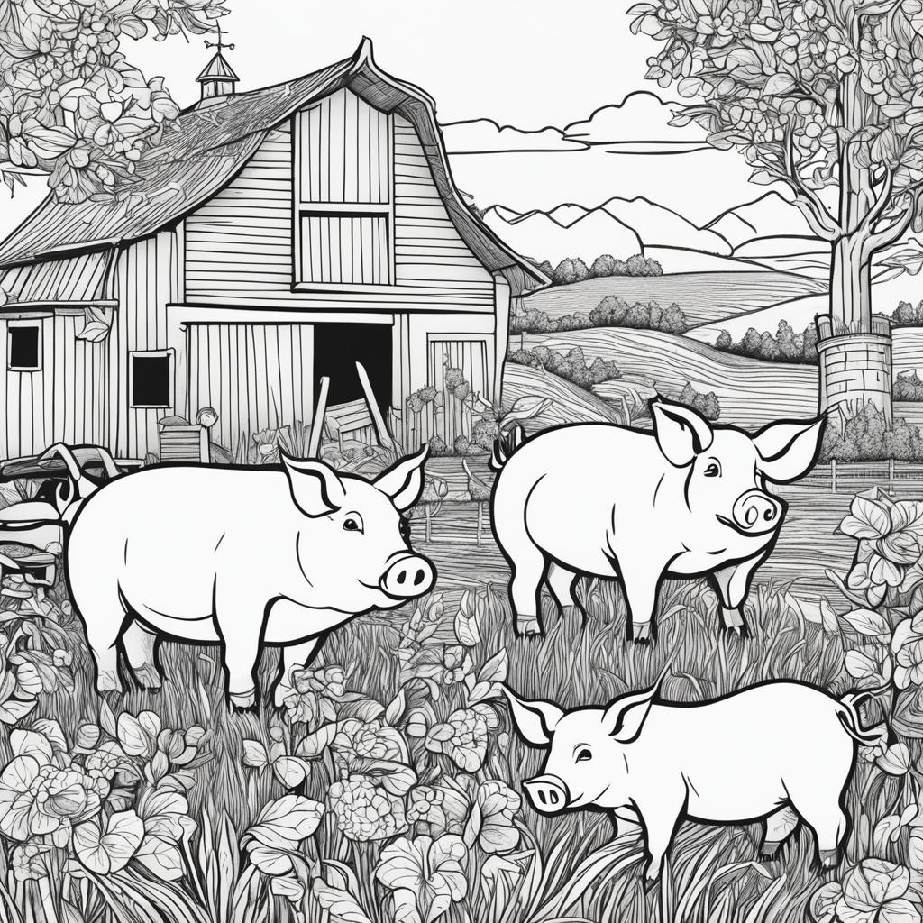 Black and white colouring book page featuring intricately detailed happy pigs on a farm, with a barn in the background.