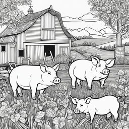 Black and white colouring book page featuring intricately detailed happy pigs on a farm, with a barn in the background.