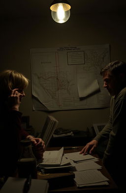 Three family members plotting in a dimly lit room, engaging in a tense conversation about hiring a hitman to eliminate a violent ex-husband and father
