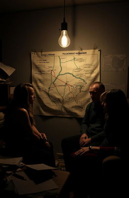 Three family members plotting in a dimly lit room, engaging in a tense conversation about hiring a hitman to eliminate a violent ex-husband and father