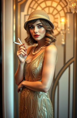 A stunning woman dressed in a 1920s elegant golden dress, adorned with intricate beading and sequins that shimmer with a luxurious glow