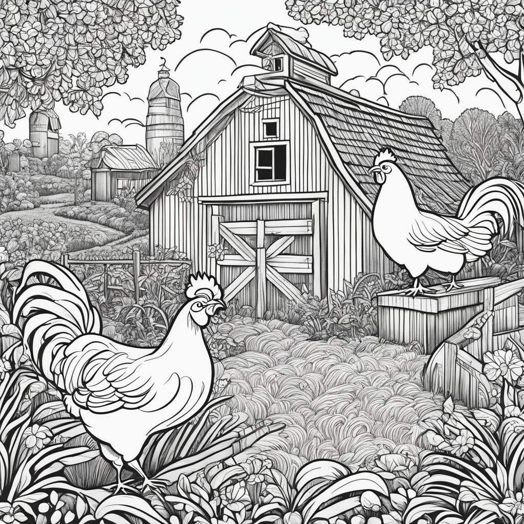 Black and white colouring book page featuring intricately detailed happy chickens on a farm, with a barn in the background.