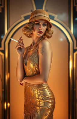 A stunning woman dressed in a 1920s elegant golden dress, adorned with intricate beading and sequins that shimmer with a luxurious glow