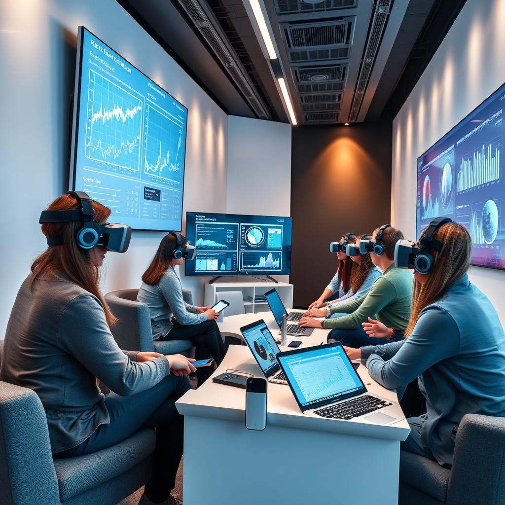 A modern and sleek training session focused on remote technology, featuring a diverse group of people engaged in interactive learning without the use of virtual reality headsets