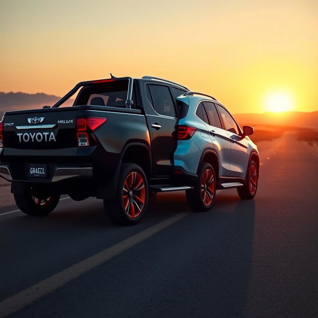 A poignant scene featuring a black Toyota Hilux and a light blue BMW X1 with bright orange wheels, both looking melancholic as they are parked on a deserted road