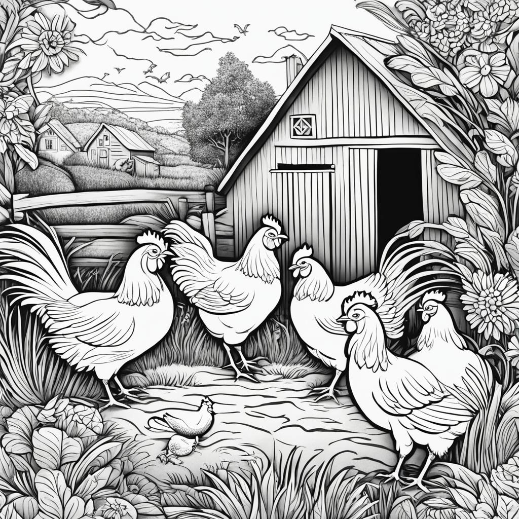 Black and white colouring book page featuring intricately detailed happy chickens on a farm, with a barn in the background.