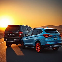 A poignant scene featuring a black Toyota Hilux and a light blue BMW X1 with bright orange wheels, both looking melancholic as they are parked on a deserted road