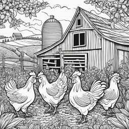 Black and white colouring book page featuring intricately detailed happy chickens on a farm, with a barn in the background.