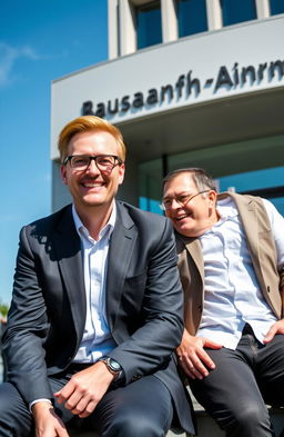 German politician Christian Lindner sitting in front of the Bundesagentur für Arbeit, wearing a sharp suit and glasses, with a lively smile