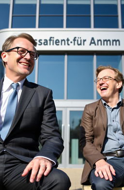 German politician Christian Lindner sitting in front of the Bundesagentur für Arbeit, wearing a sharp suit and glasses, with a lively smile