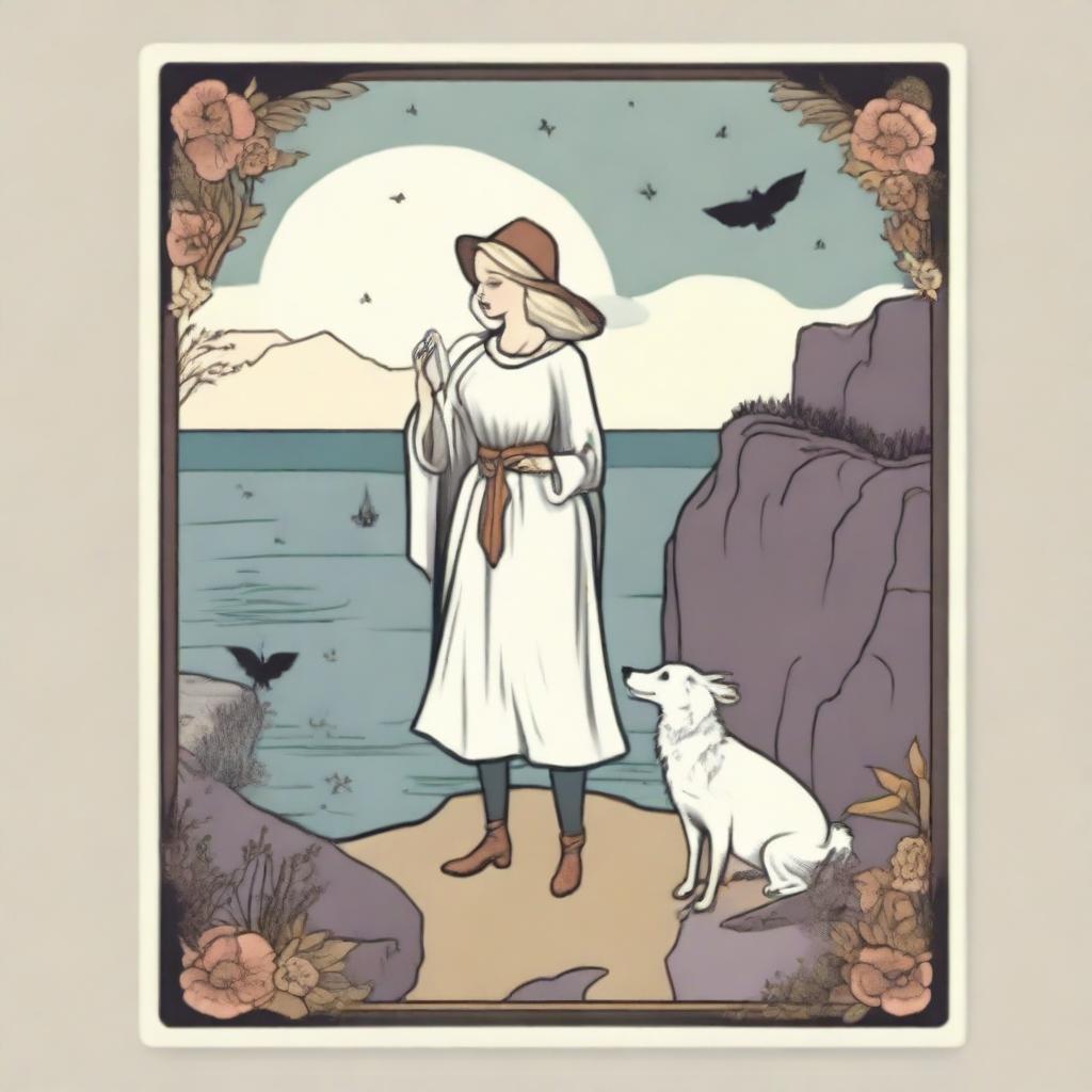 The Fool Tarot card depicted in a dreamy style with a happy witch as the main character and a small white dog by her feet, at the cliff's edge