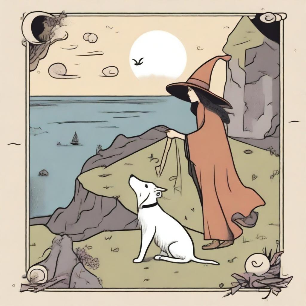 The Fool Tarot card depicted in a dreamy style with a happy witch as the main character and a small white dog by her feet, at the cliff's edge