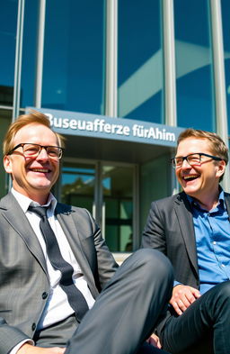 German politician Christian Lindner sitting in front of the Bundesagentur für Arbeit, wearing a sharp suit and glasses, with a lively smile