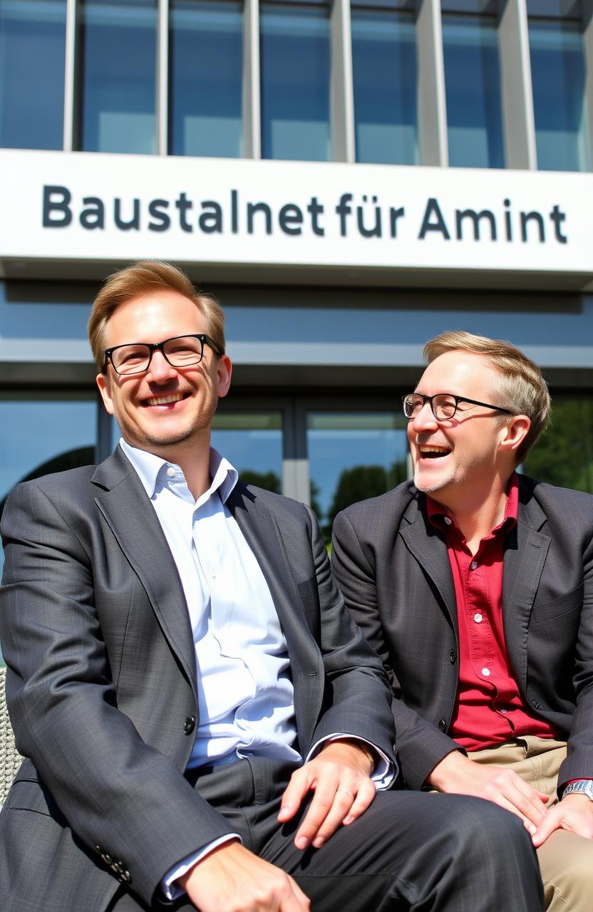 German politician Christian Lindner sitting in front of the Bundesagentur für Arbeit, wearing a sharp suit and glasses, with a lively smile