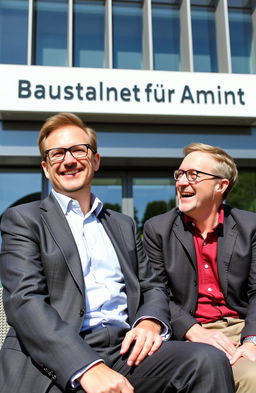 German politician Christian Lindner sitting in front of the Bundesagentur für Arbeit, wearing a sharp suit and glasses, with a lively smile